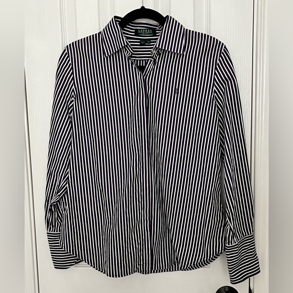 Ralph Lauren Purple and White Striped Button-Down Blouse